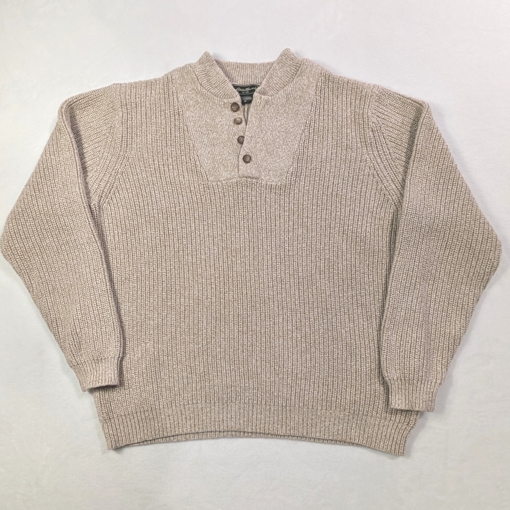 Eddie Bauer Chunky Knit Cotton Henley Sweater Tan XL
